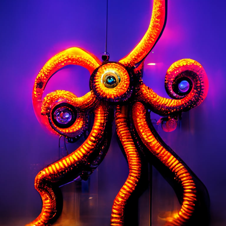 mechanical octopus with machine tentacles in a gaseous environment building more mechanical octopuses, metallic tentacles, gleaming metal, high resolution, ultra realistic, photo realistic, vivid, colorful, glowing neon, ar-- 16:9