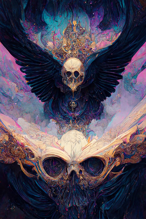 prompthunt: dark aether, angel wings, skulls, dark atmosphere, detailed  linework, black blue purple and white, cinematic, psychedelic, black paper,  ornate, symmetrical, tarot card, highly detailed, ink illustration, style  of peter mohrbacher, golden