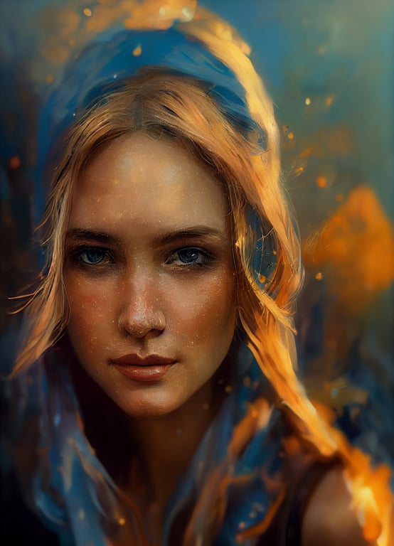 prompthunt: portrait of beautiful young artist women by greg rutkowski:  smile on face, craggy face ,blue eyes, blond hair, bokeh effect, fireflyes,  windswept, beautifully lit, studio lighting, intricate details, perfect  features, etheral,