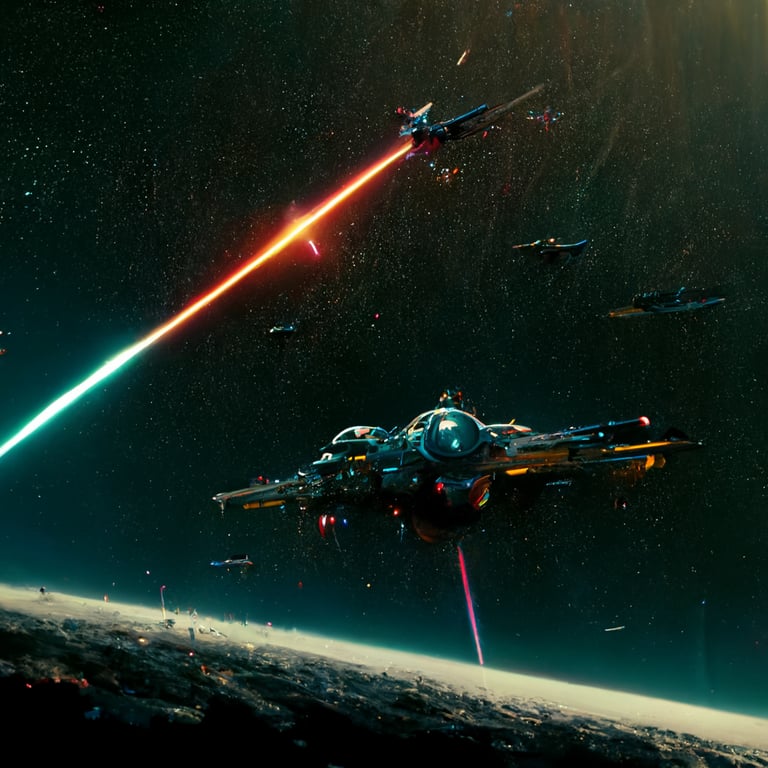 starfighter, mothership, space battle, planet in background, lasers, 3-point perspective, space war, cinematic lighting