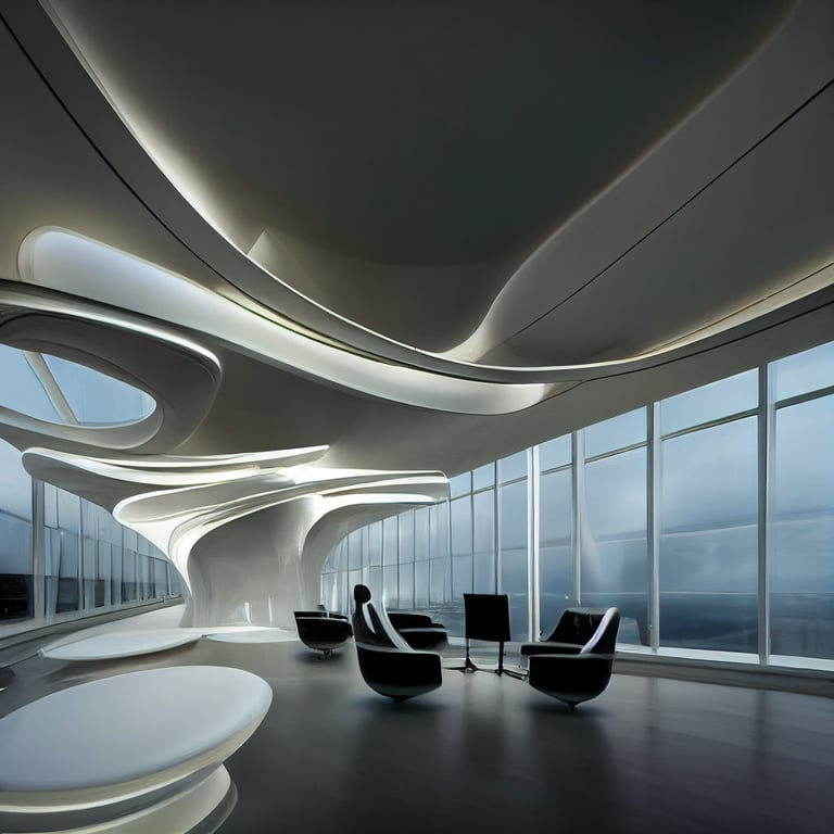 prompthunt: Interior of pure white Futuristic office in the style of Zaha  Hadid, transparent glass furniture in the style of Zaha Hadid, elegance of  ordered complexity, sensuous seamless fluidity, continuous curvilinear  forms,