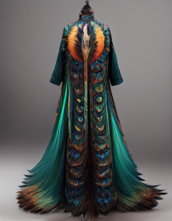 prompthunt: peacock gown feathered robe, wing sleeves, feathers, peacock,  long flowing dress, photo realistic, ultra realistic, highly detailed,  ornate, 4k