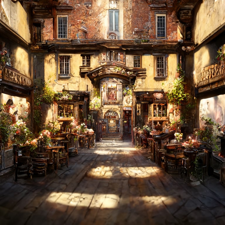 prompthunt: Beautiful Renaissance Tavern on a corner in a Italian  Renaissance Town, Hyperdetailed, Path, Steps, Rococo Architecture, Purple  Flower Baskets, Fantasy, Sunny day, Ethereal Sky, Picturesque, cinematic  lighting, dappled sunshine, 4k, moody,