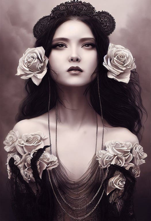 beautiful ethereal goth woman, long white and wavy hair, lacy black dress, wearing a silver jewelery, complex details, very realistic, 16k, cinematic lighting, surrounded with black roses, ornate, ink dripping, art painted by karol bak and artgerm and Fenghua Zhong