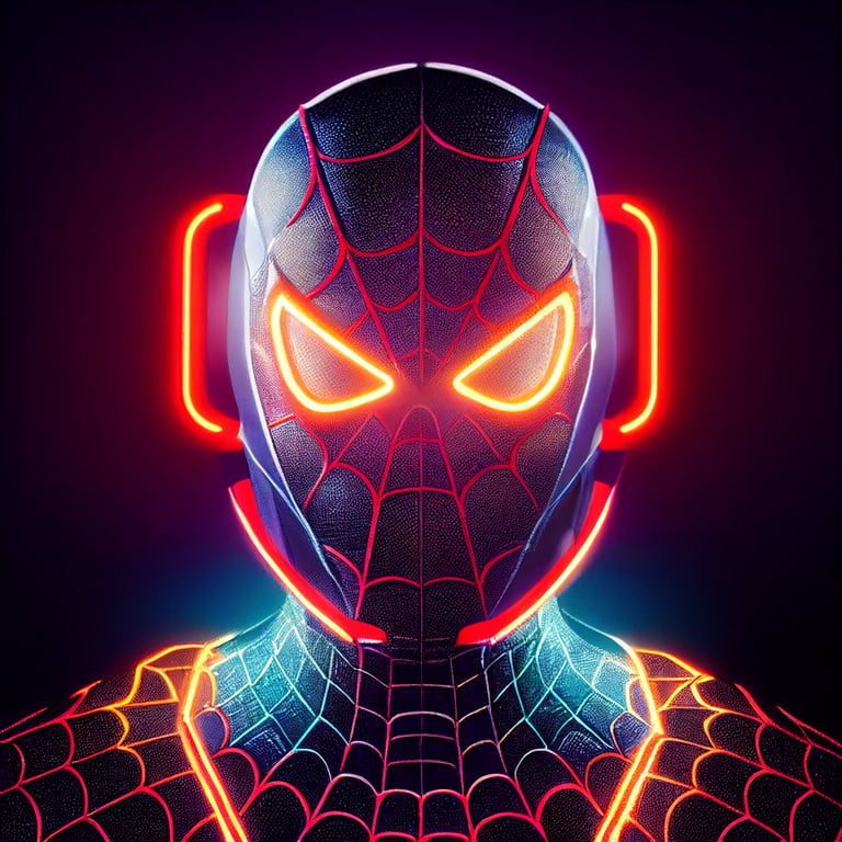 prompthunt: spiderman version daftpunk frontal mask portrait irridescent  reflections neon colors, hd unreal engine ultrarealistic 16k.