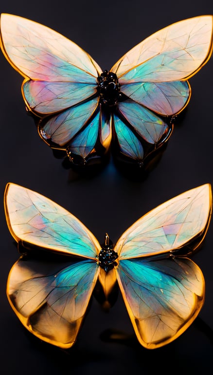 prompthunt: Symmetrical reality luxury color, butterfly made of translucent  diamond, on the black background, unreal, 8k, C4D, photo reality,  ultra-high detail, from behind the sun, movie lights, water reflector,  cyberpunk