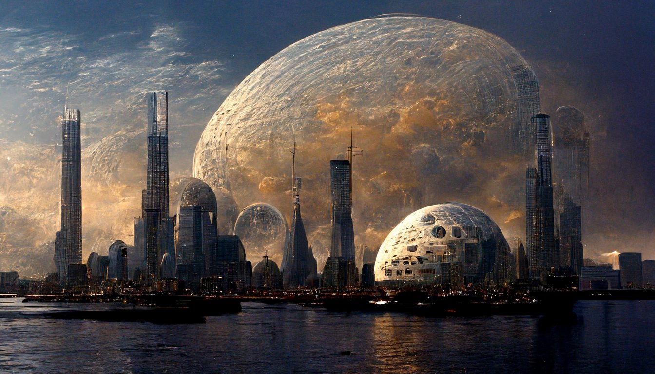 prompthunt: coruscant skyline, blade runner skyline, cyberpunk skyline,  moon base made out of geodesic domes and spherical pod capsules, coruscant  skyline, sci-fi skyscrapers, norman foster architecture, manhattan skyline,  capsule hotel, pod architecture,