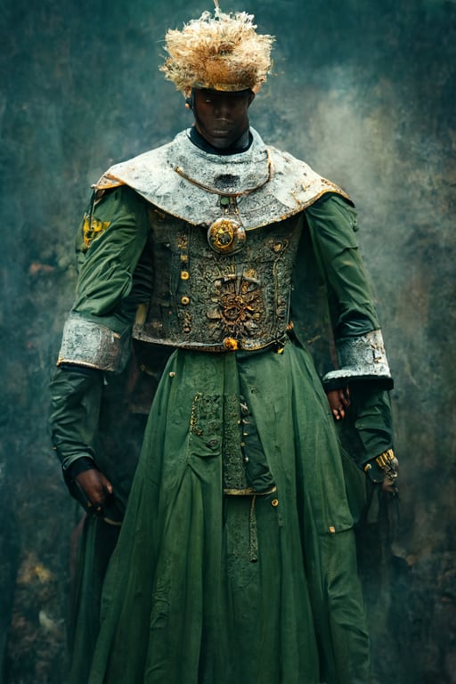 prompthunt: A stern dark-skinned blonde-haired mexican male medieval  fantasy imperial captain officer general, cropped mohawk hairstyle, wearing  an elegant green sleeveless frock coat with raised collar over an armor, in  a medieval