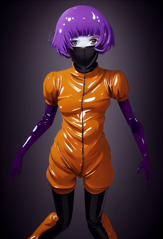 prompthunt: full body [ Masamune Shorow style, a girl , cel-shaded anime-style  young face , black lipstick , wearing skin-tight clear plastic body suit ,  2 arms, 2 legs] + [ background