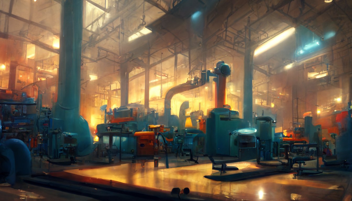 a factory interior, magic assembly lines, large machinery, cartoon illustration, video game art, environment concept art, large view, renderman, artstation, procreate