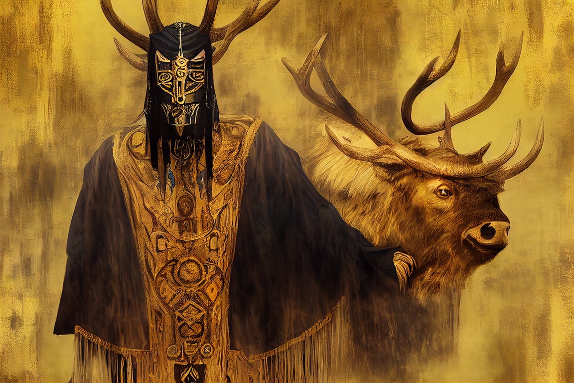 prompthunt: slavic realism digital art full body portrait of a man in a long black robe wearing a golden elk mask, shaman, inspired by greg art inspired by billy christian,