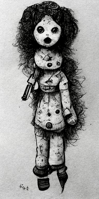 Serial killer doll, pen and ink cartoon drawing