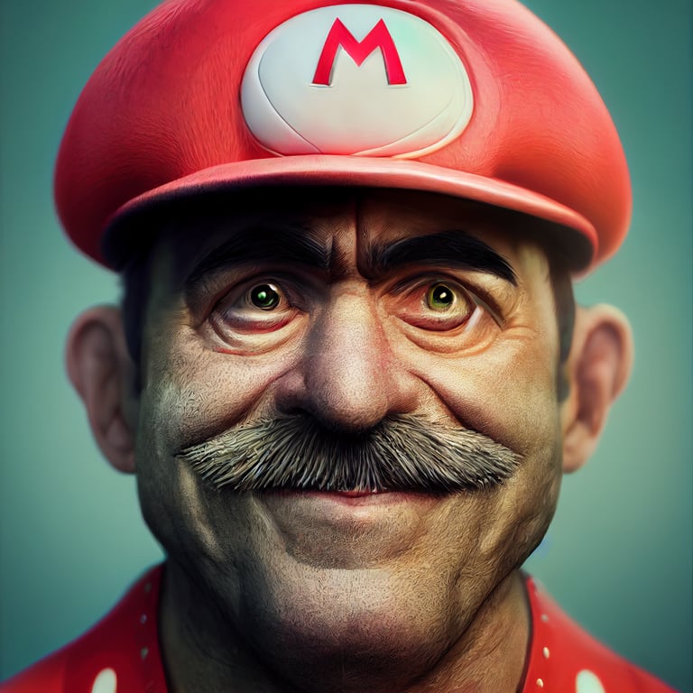 grotesquely realistic portrait of Super Mario, photorealistic, unreal engine, hyper realistic, hyper detailed, octane render