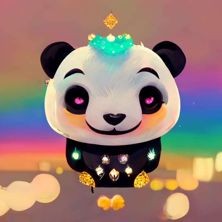 prompthunt: a cute smiling panda with lots of diamond and gold accessoires  standing in the middle of manhattan, indian touch, neon rainbow, glitter  and glamour, clouds as background