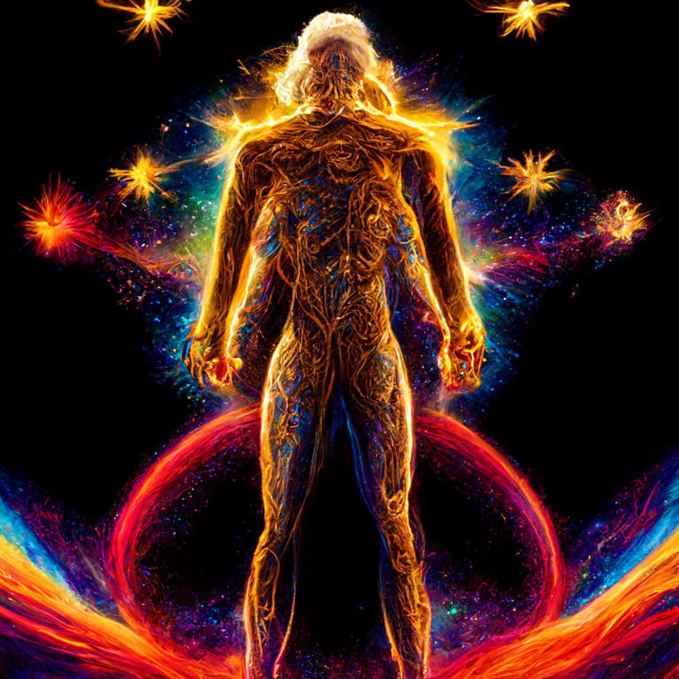prompthunt: full body anatomy of a man style of Alex Grey throwing a golden  beam, holding a beam of light in his right hand, surrounded by nature,  surrounded by stars, virtuous, victorious,