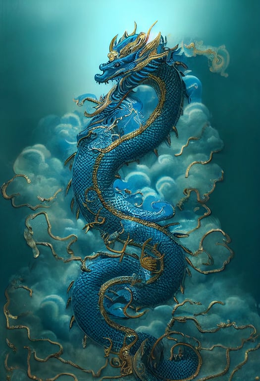 Highly detailed design of a beautiful blue ancient Chinese mythical noble dragon with cloud surrounds, swirling fog, sparkling scales, beautiful eyes. by the beautiful lake, gold and gems, chinese mythology style, bioluminescence, shine, glow effect, wallpaper, by fenghua zhong, guangjian huang, zhelong xu, tianhua xu, peter mohrbacher, ruan jia, liuyuan lange, qiugu yingyi , ayami kojima, joseph leyendecker, victo ngai, octane rendering, cinematic lighting 8k, hd