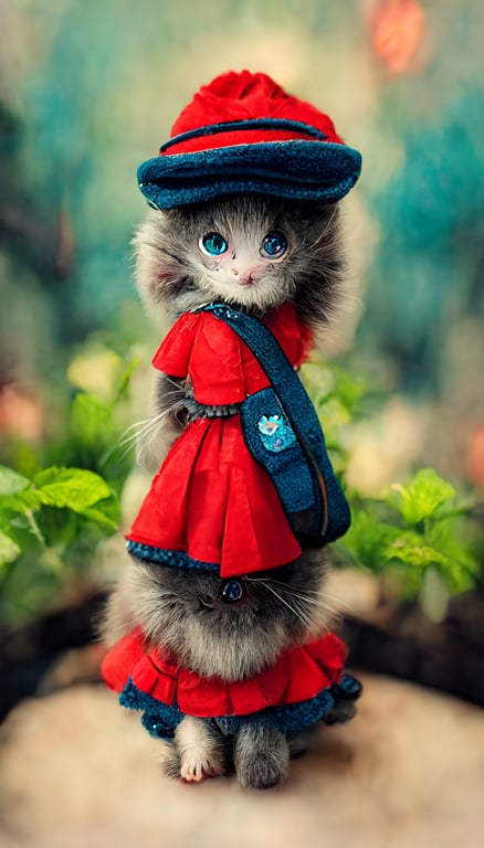 Cute kitten figure, big fluffy tail, dress, red top hat, big blue eyes, backpack, garden background, super detail, intricate detail, small fresh style, lifelike photo, symmetry, photography, digital art, 8K