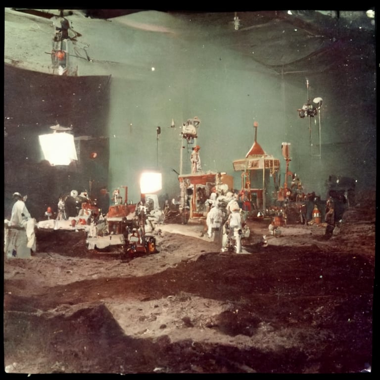 prompthunt: polaroid of fake moon landing movie set, big lights, big  cameras, astronauts, film crew, hollywood studio, behind the scenes,  vintage, retro photography