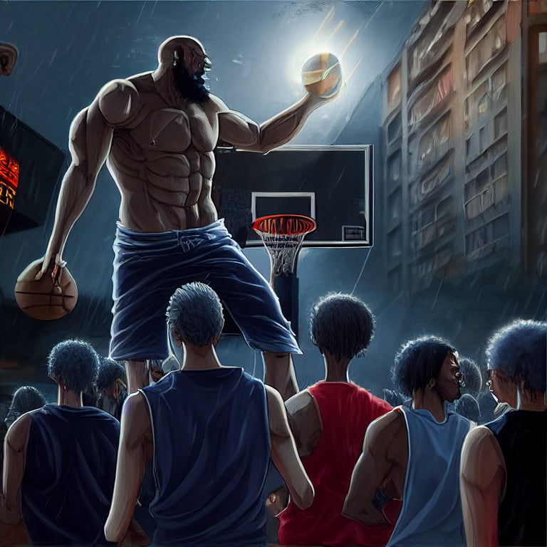 prompthunt: American Gods Style Oden and Mr. World Playing basketball,  Inner City, Crowded, In the Rain, At Night, Epic Proportions, Cinematic  Anime One Piece art style, Detailed, High Definition, Chromatic  distortions, Fast