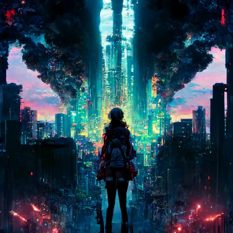 prompthunt: Cyberpunk Anime Girl, created byMasashi Kishimoto, Movie poster  style, box office hit, a masterpiece of storytelling, main character center  focus, monsters + mech creatures locked in combat, nuclear explosions paint  sky,
