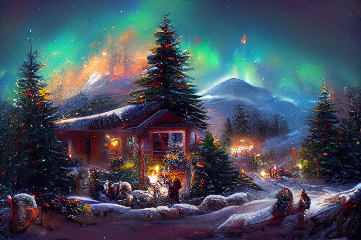 prompthunt: a christmas scene in the mountains of a home, fur trees, christmas  lights, northern lights, snow, in the style of Thomas Kinkade