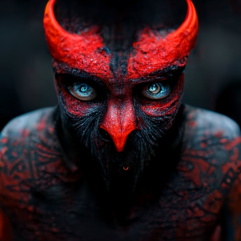 prompthunt: devil with red eyes, black face and body, wings, pool screaming people the background, red and black colors, realistic, highly detailed, 8K, HD