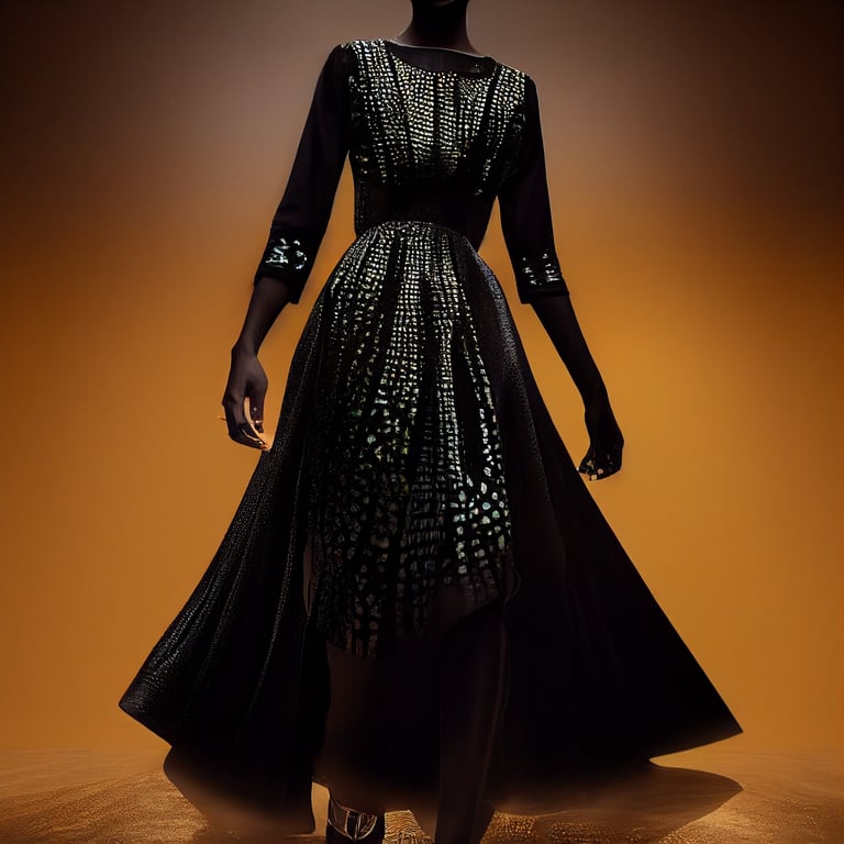 prompthunt: beautiful african dress by prada, black, shadow details, haute  couture, fashion week,volumetric lighting, high resolution, hdr, sharpen,  Photorealism,8k,