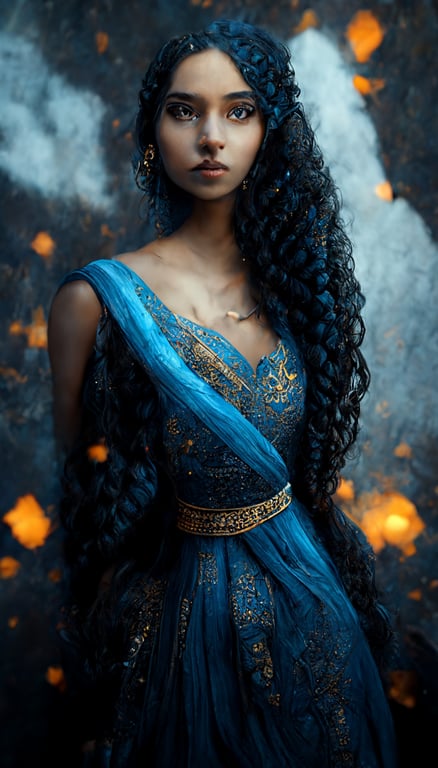 prompthunt: a stunning fantasy indian Princess, flowing black hair, sky  eyes, wearing detailed intricate blue dress, beautiful face, standing in  front of large silver blue game of thrones dragon, fantasy concept art,