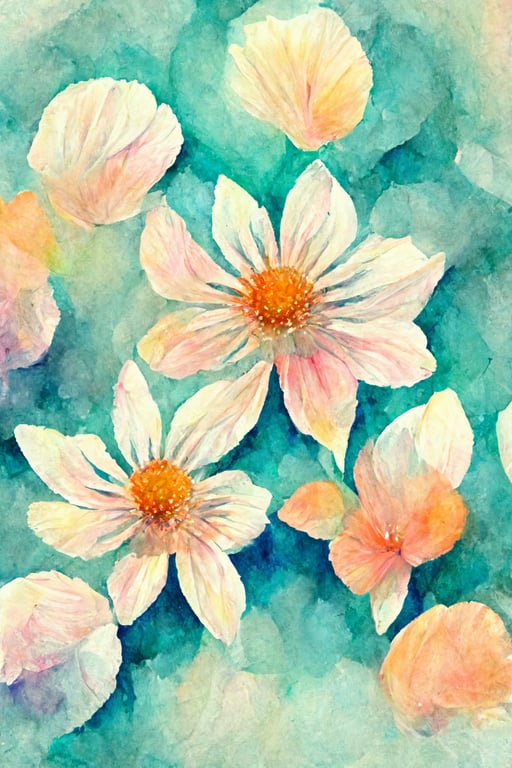 repeating simple flower pattern, flowers on bright clean background, water color painting, light, bright, pastel, beautiful, hd,