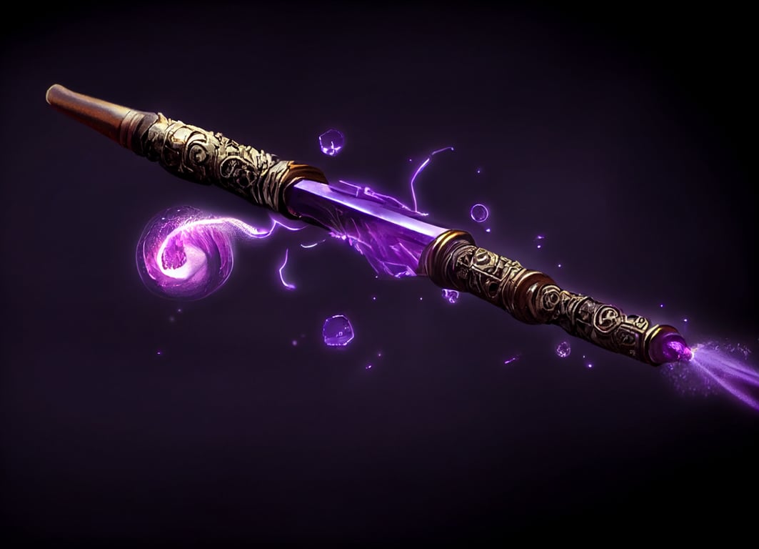 a wizard gun with staffs and wands attached to it and a purple faint glowing crystal powering it