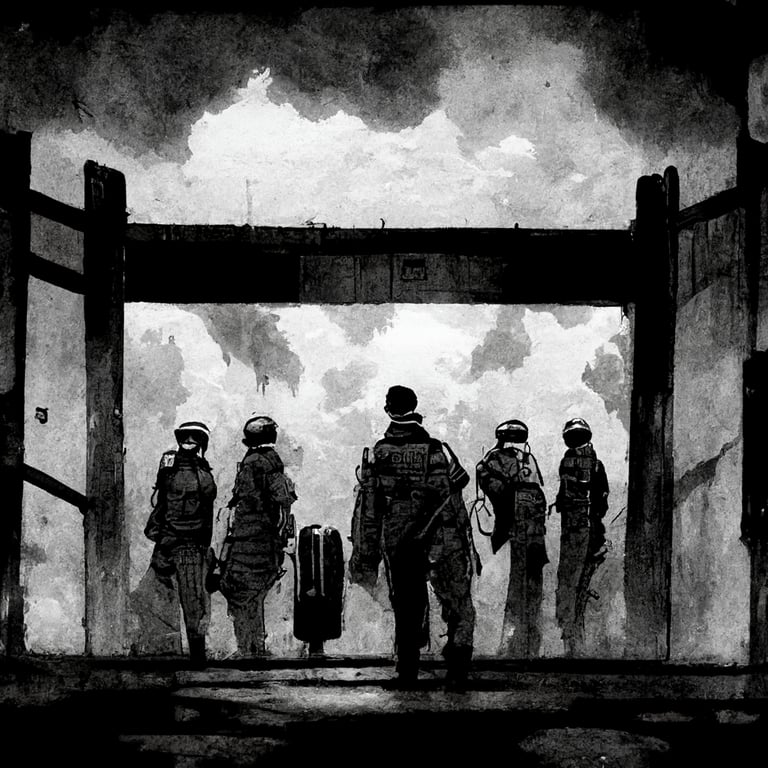 prompthunt: guards check point, interrogation at the gate, postapocalypse,  black & white ink, manga style