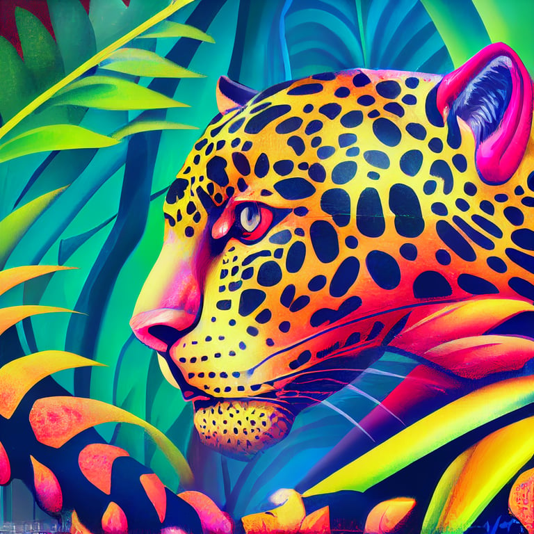 side profile view of Jaguar, full body. Anatomically accurate. In the jungle. Colorful, Psychedelic style, very professional digital art style.