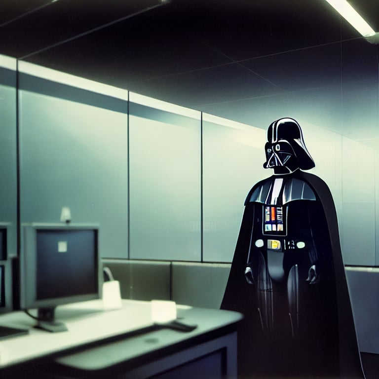 prompthunt: darth vader working in a office cubicle