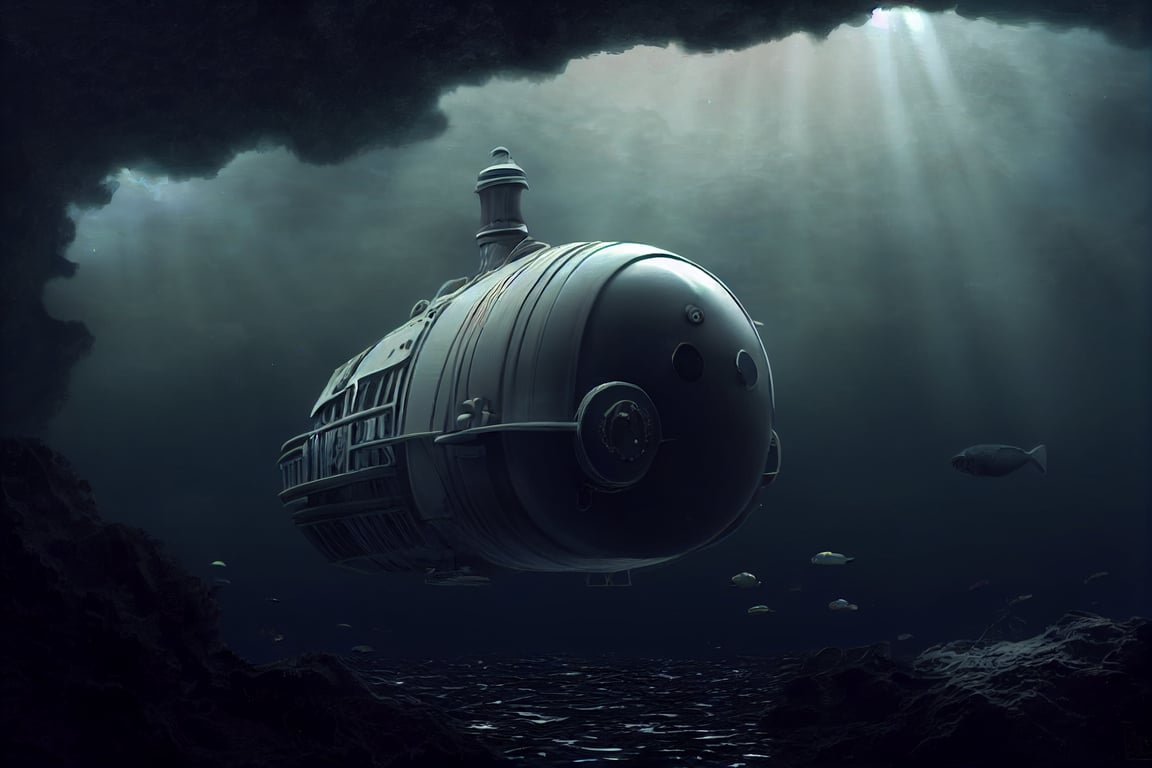 captain Nemo nautilus submarine, rich aquatic life, hyper realistic, render, mystical light, unreal engine