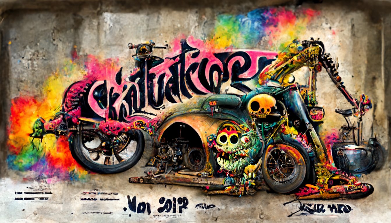 prompthunt: colorful skaterock art poster, graffiti, skeleton mechanic  working on a chopper motorcycle, old garage, old warehouse, rat rod, rat  fink, punk rock, vintage tattoos