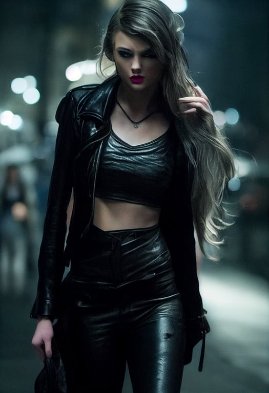 prompthunt: movie scenes, Taylor Alison Swift as Tabitha Galavan from  Gotham (TV series), photography, cinematic lighting, black leather jacket,  tube top, ponytails, backlighting, grim looks, attractive, beautiful,  skinny, model, athletic, DC movies,