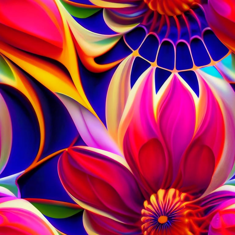 ornate abstract dahlia, floral, flowing, surrealism, op art, art deco, 3d, bright, colorful, geometric, beautiful, hyper-realistic, diffuse lighting, fractal, intricate, elegant, highly detailed, photorealistic, blue, red, white, artstation, abstract concept art, smooth, sharp focus, alphonse mucha, gustav klimt, matisse