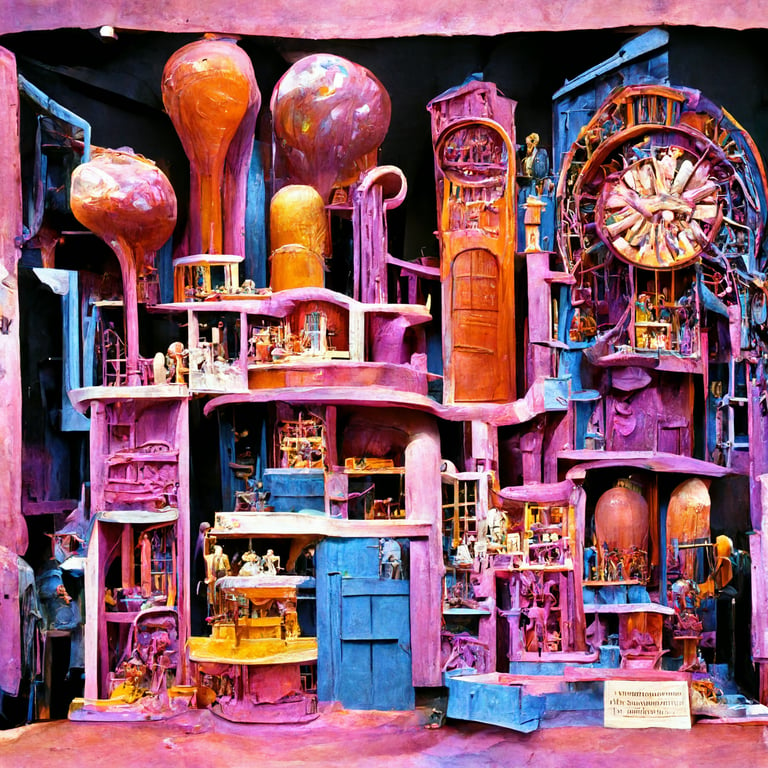 prompthunt: A large, elaborate, and highly detailed set design maquette for  a Broadway musical Charlie and the Chocolate Factory, depicting the vast  interior of the Wonka candy factory. Everything looks like it