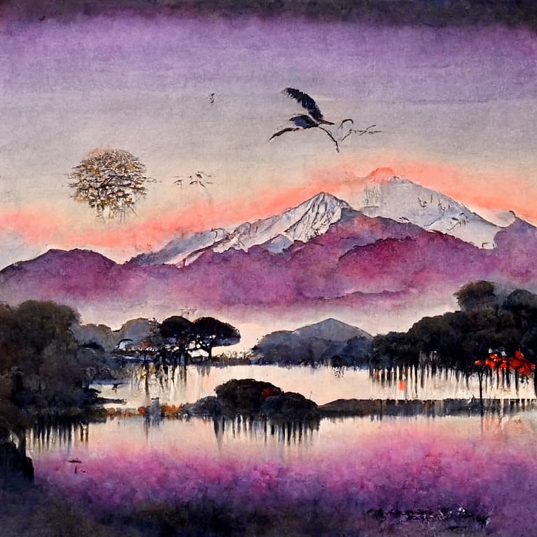 prompthunt: traditional Japanese painting of a red sun disk setting behind  a snow covered mountain, lake in the foreground, crane birds, Cyprus trees,  purple azalea flowers, pink wisteria flowers