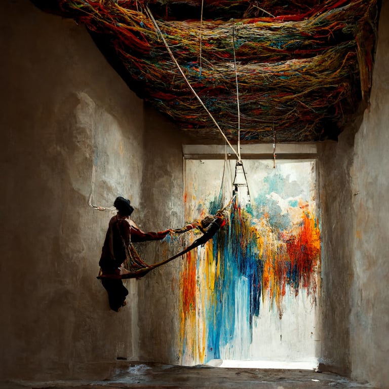 prompthunt: a painter hanging from a ceiling by a large horizontal thick  rope holds a bucket of paint and paints a wall