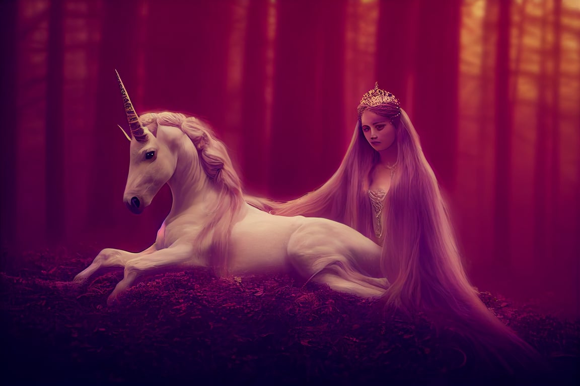 prompthunt: Beautiful princess holding , Realistic white unicorn , In  enchanted forest , Long hair, Highly realistic , Sunlight , Laying together