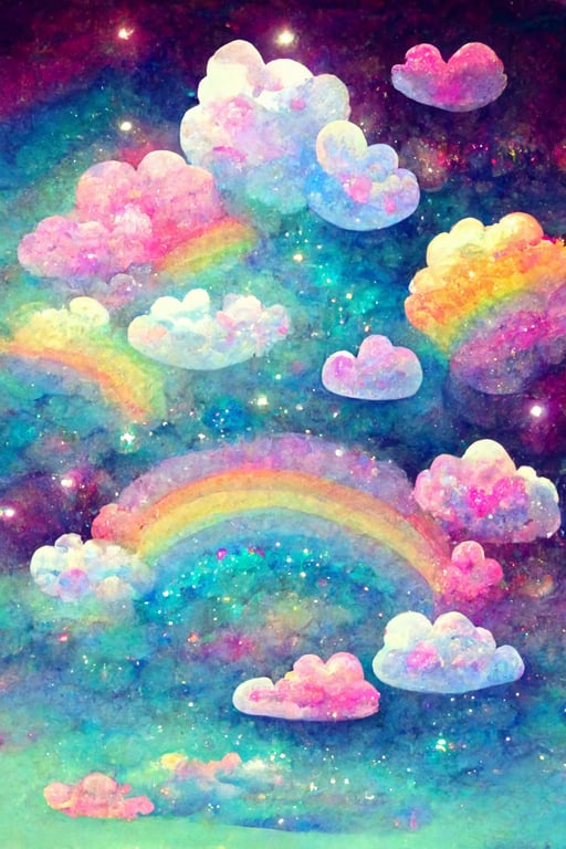 prompthunt: creepy cute rainbow sparkly Lisa frank clouds, background