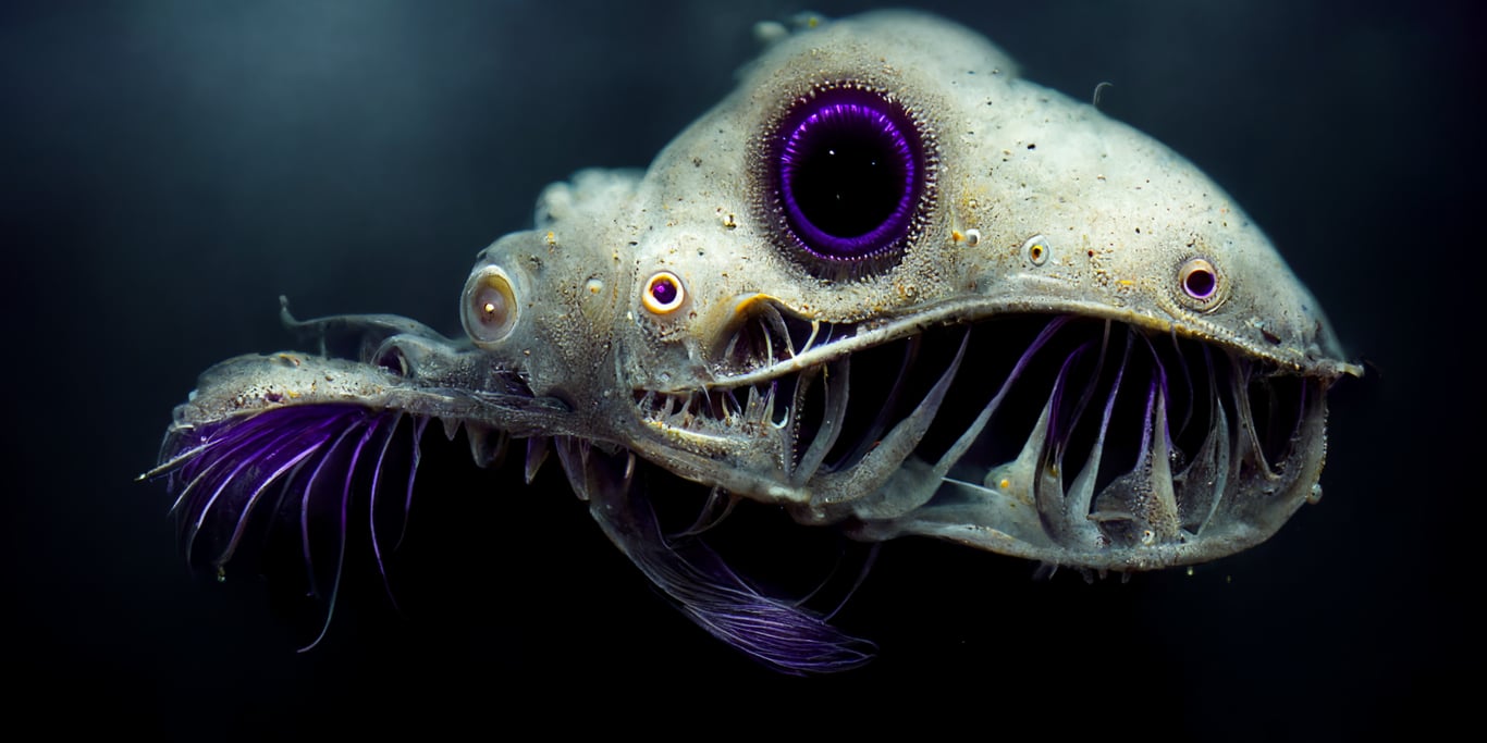 prompthunt: deep-sea fish purple neon eyes, shining purple antenna on top  of head, small fins, big teeth