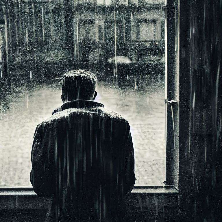 prompthunt: a man, torrential rain, sadness, depressed, photograph