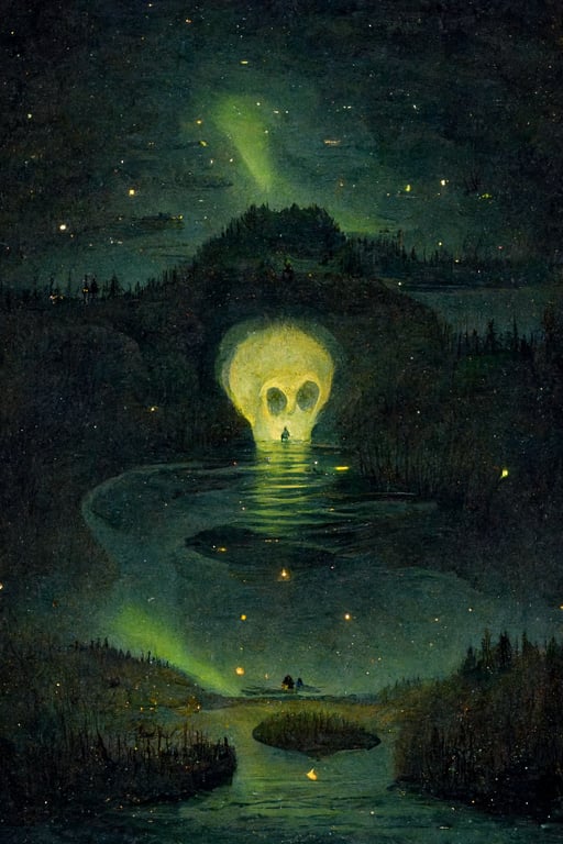 oil painting in the style of Theodor Kittelsen, a mysterious lake shape like a skull, night, aurora borealis, fireflies, danger, drama, detailed, year 1870,