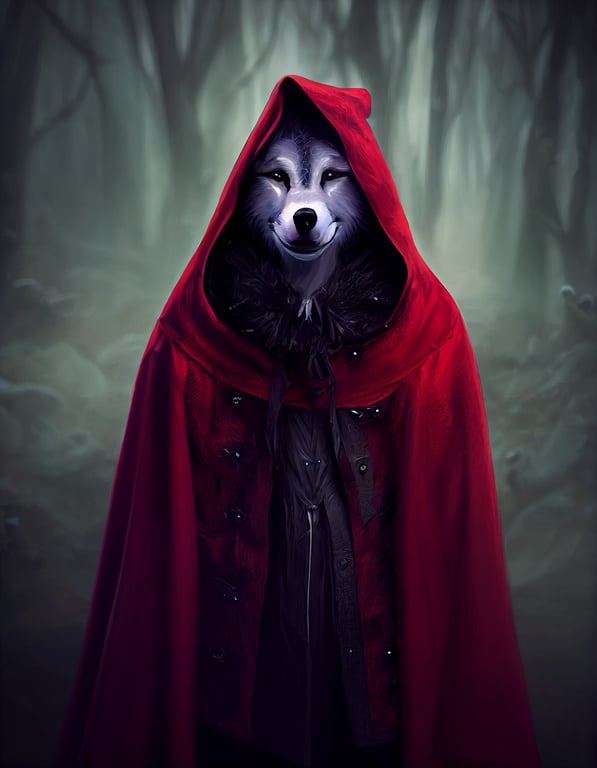 prompthunt: full body shot of a spooky anthropomorphic wolf wearing little  red riding hood's cloak, style of Pixar, character design art, highly  detailed, digital art, cinematic lighting, epic, ultra realistic, vray  render