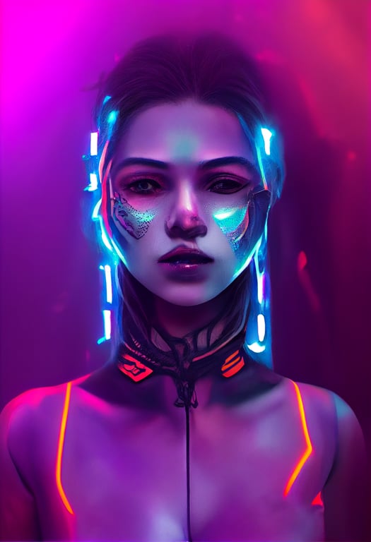 Premium Photo  Cyberpunk woman futuristic portrait urban fashion  mysterious girl in face bandana buff mask black leather jacket in red  purple neon light color steam white led glow at dark night