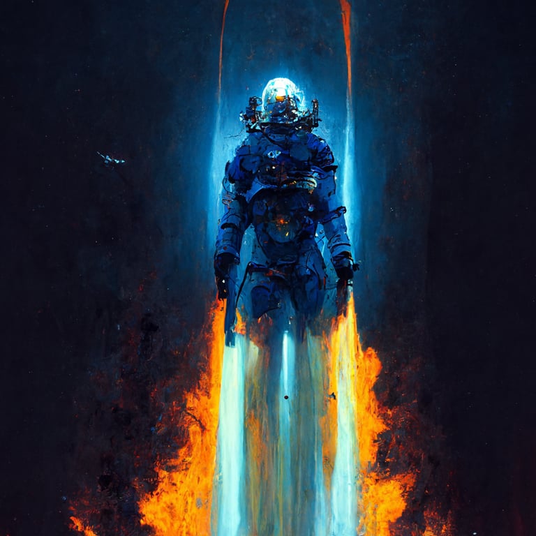 Prometheus burning with a blue flame in space in combat space armor