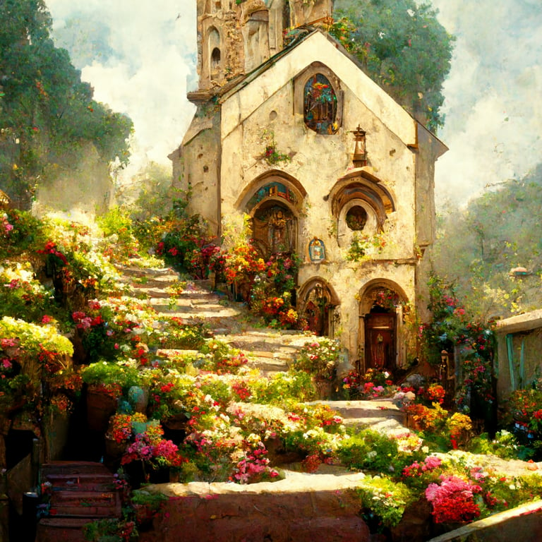 prompthunt: Beautiful fantasie Church on a corner in a Medieval italian  Town, Hyperdetailed, Path, Steps, Romanesque Architecture, Fantasy, Flower  baskets, ivy, Colourful, Storybook illustration, Beautiful day,  Picturesque, cinematic lighting, Concept ...
