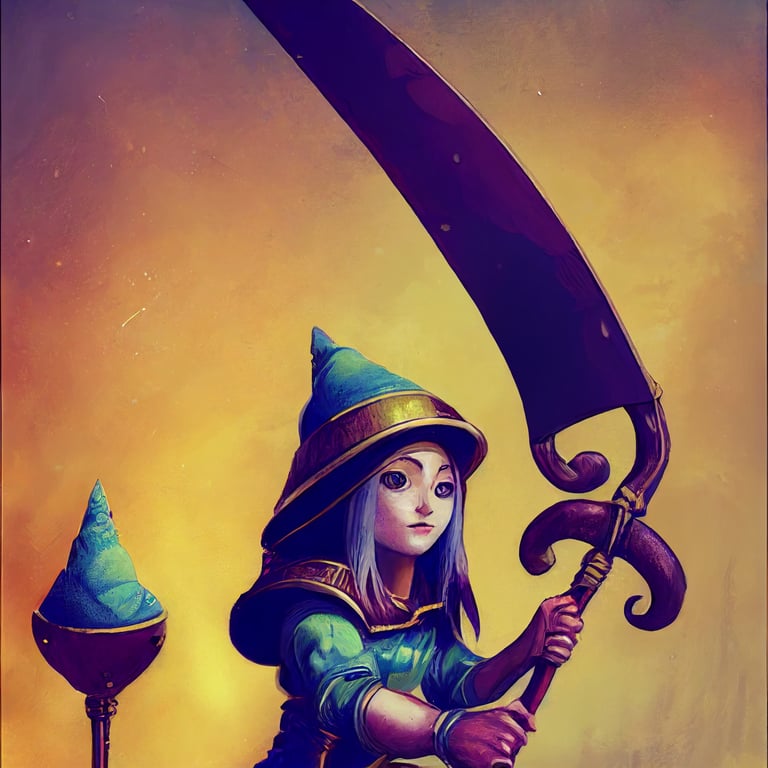 female gnome duelist with a halberd and a pointed hat made of a snail shell, audience in background, fantasy art style
